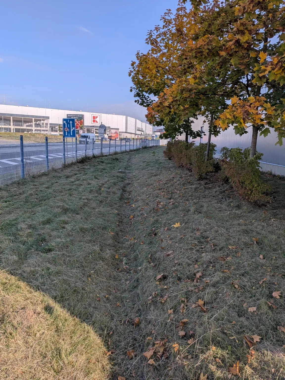 Průběh údržby CEDES: posečené plochy a upravovaná zeleň podél haly a plotu